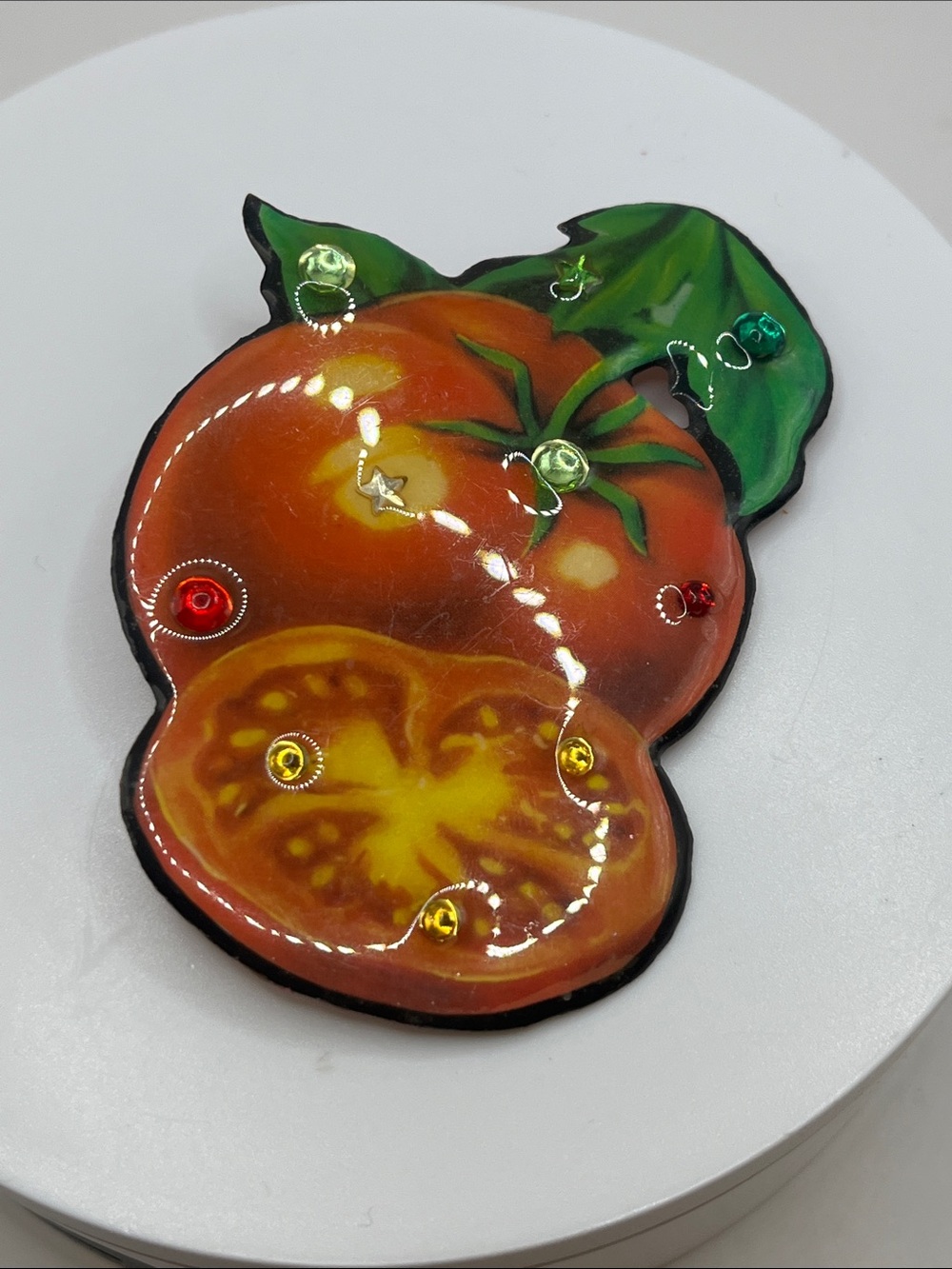 RARE!! Designs From The Deep decoupage Tomato Motif Brooch